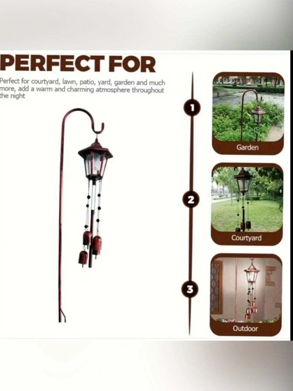 Outdoor Solar Powered Copper Wind Chime Lantern New In Box With Hook
